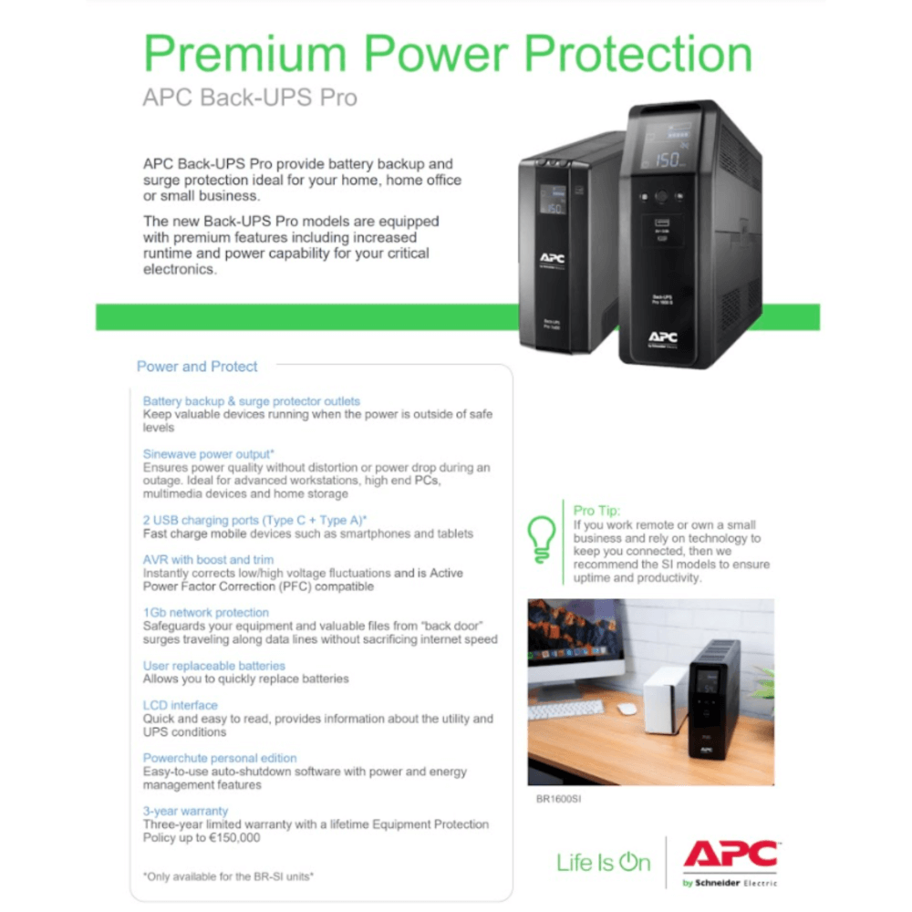 เครื่องสำรองไฟฟ้า APC 1600VA 960 วัตต์ รุ่น BR1600SI-3Y EASY UPS 8 ช่อง ป้องกัน ไฟตก ไฟเกิน